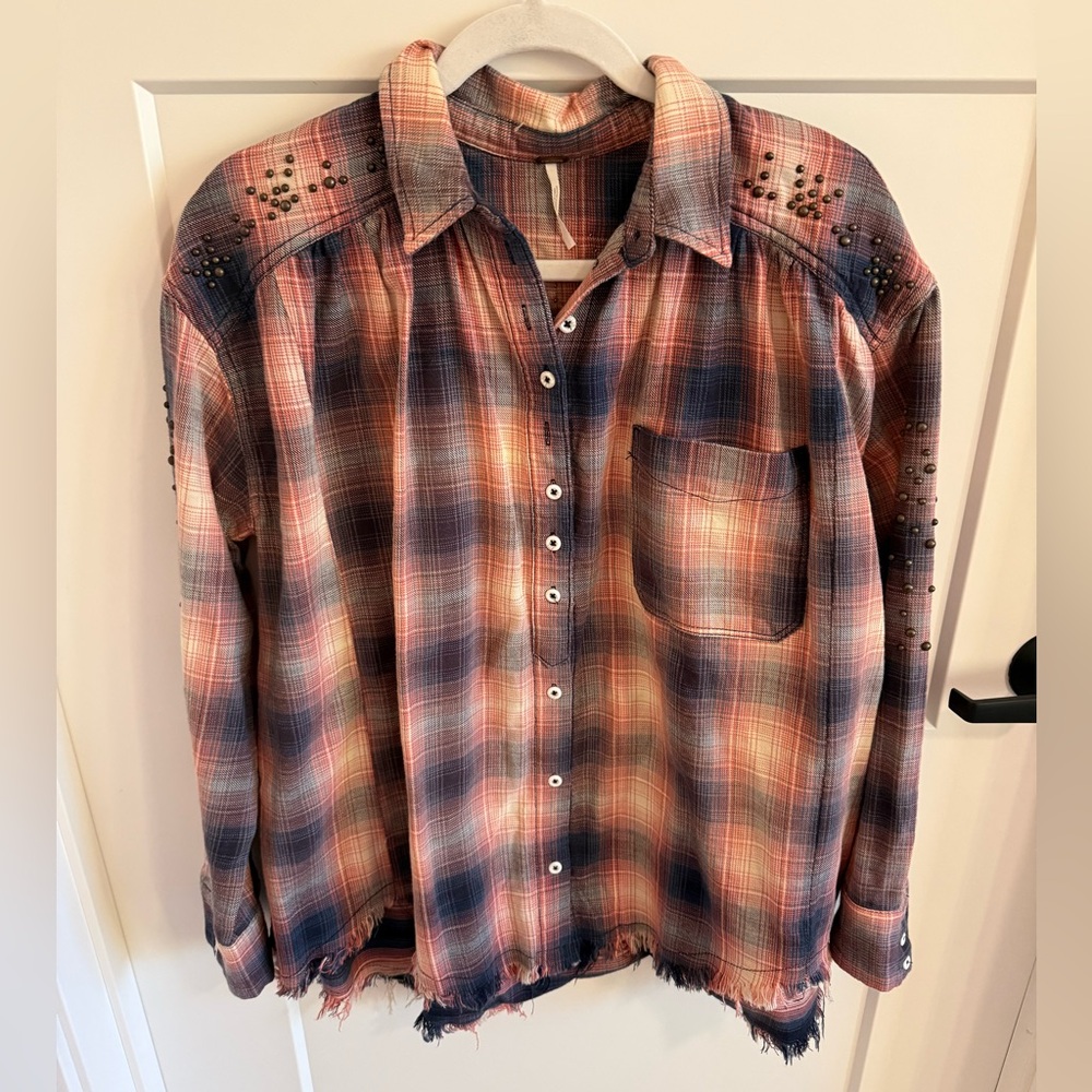 Free People Plaid Studded Button Front Shirt Distressed Hem Boho Western Top S